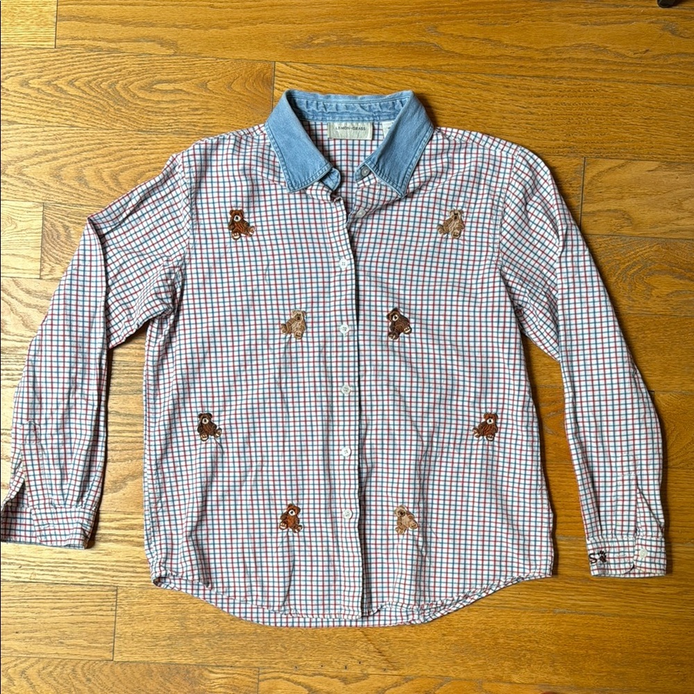 Gingham button down with Denim Collar and bear Embroidery